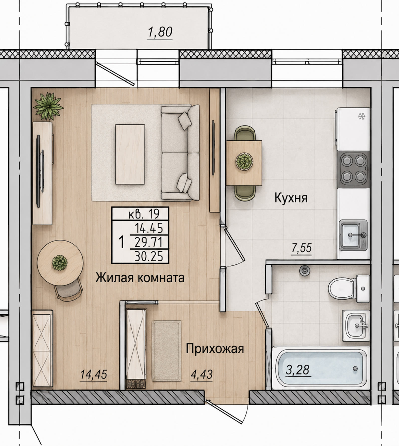 Планировка однокомнатной 30,25 м²