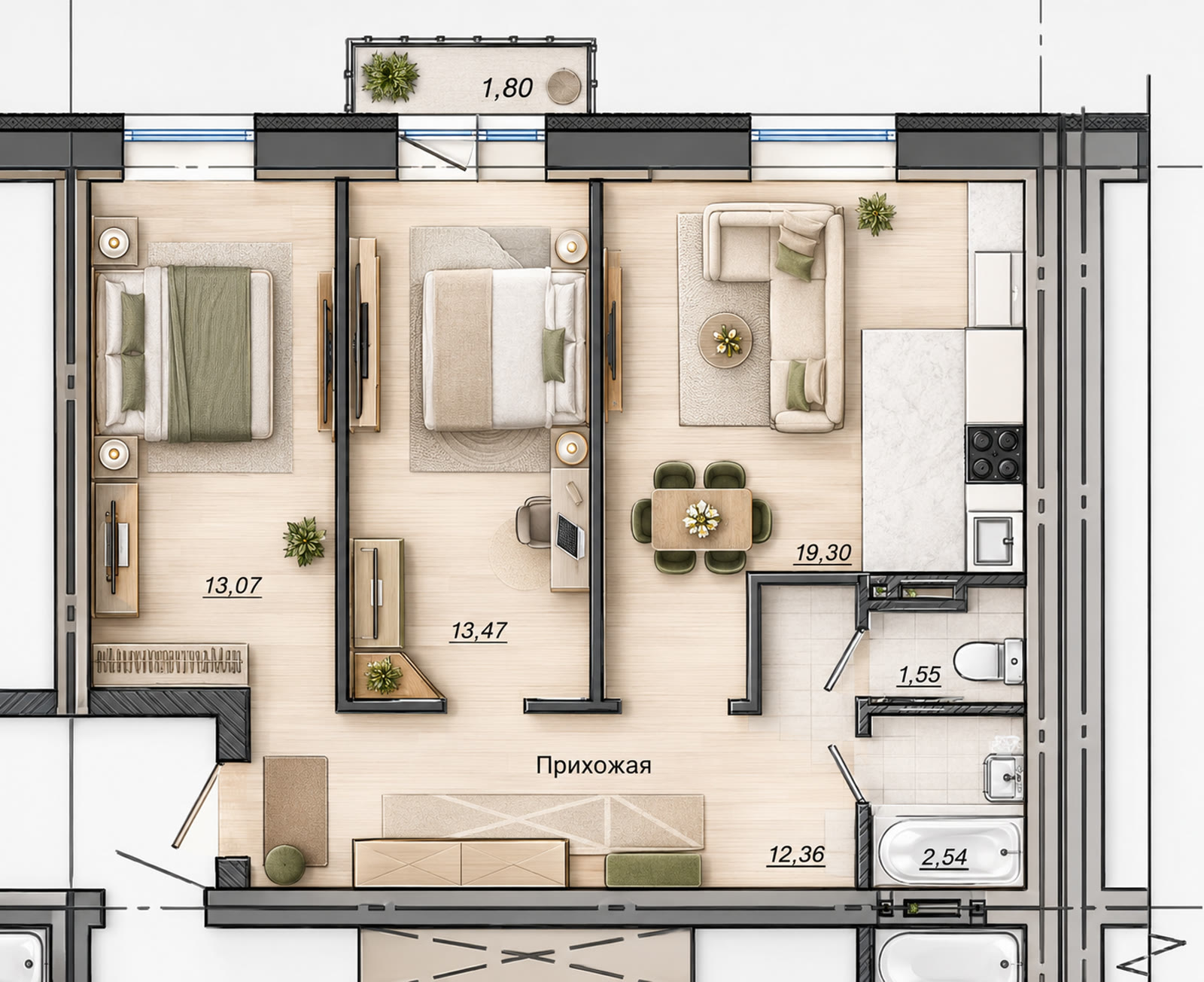 Планировка трёхкомнатной 62,83 м²